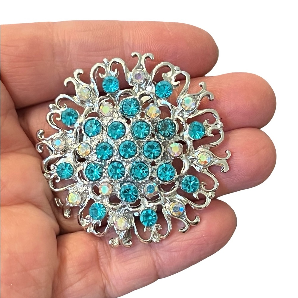 Silver-Tone Turquoise Crystal Floral Brooch - Women Jewelry